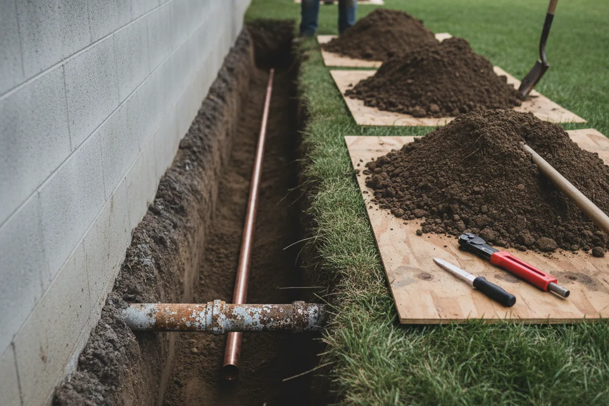Excavated water line trench during Sewer Line Repair in Bel Air